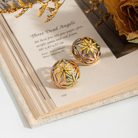 Wholesale Women's Geometric Stainless Steel Electroplated Cut Out Ball And Flower Earrings Niche Design