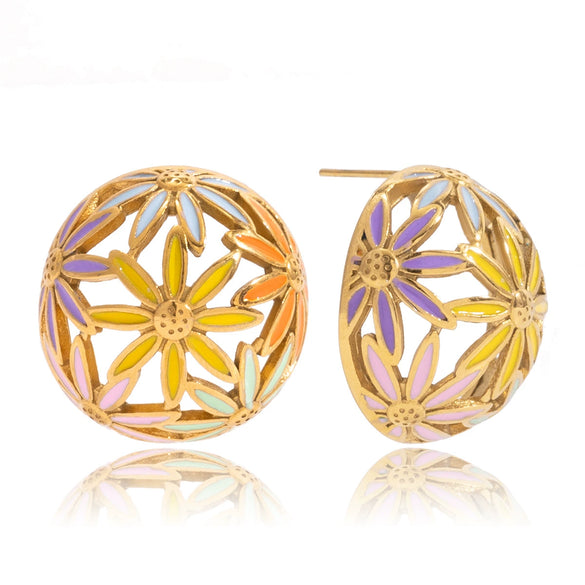 Wholesale Women's Geometric Stainless Steel Electroplated Cut Out Ball And Flower Earrings Niche Design