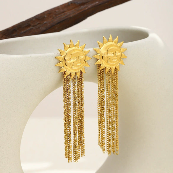 Wholesale Women's Geometric Stainless Steel Electroplated Earrings With Moon And Sun Chain Tassel