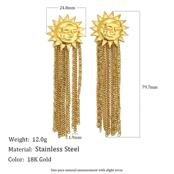 Wholesale Women's Geometric Stainless Steel Electroplated Earrings With Moon And Sun Chain Tassel