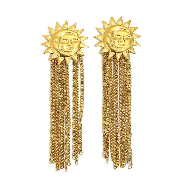 Wholesale Women's Geometric Stainless Steel Electroplated Earrings With Moon And Sun Chain Tassel
