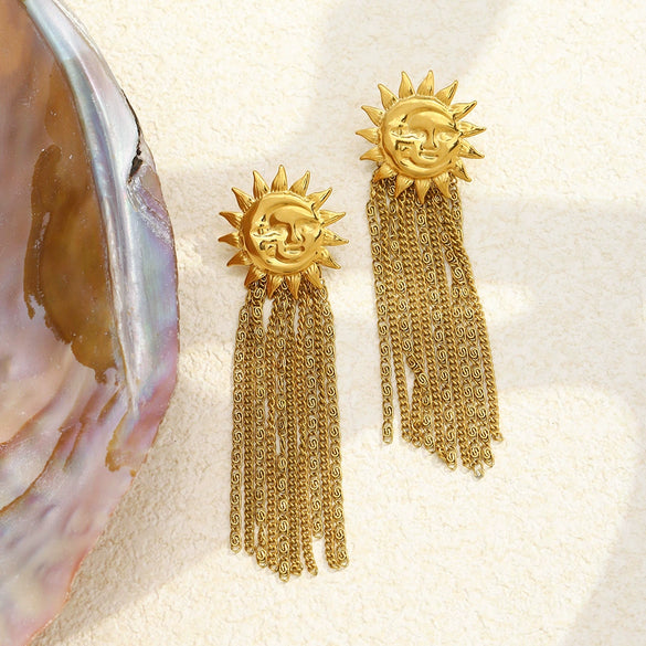 Wholesale Women's Geometric Stainless Steel Electroplated Earrings With Moon And Sun Chain Tassel