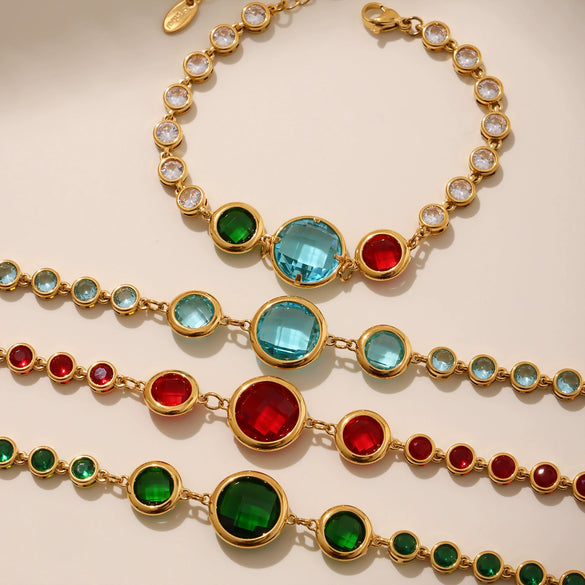 Wholesale Women's Geometric Stainless Steel Electroplated Ferris Wheel Round Faceted Czech Glass Stone 5A Zircon Full Diamond Stitching Bracelet