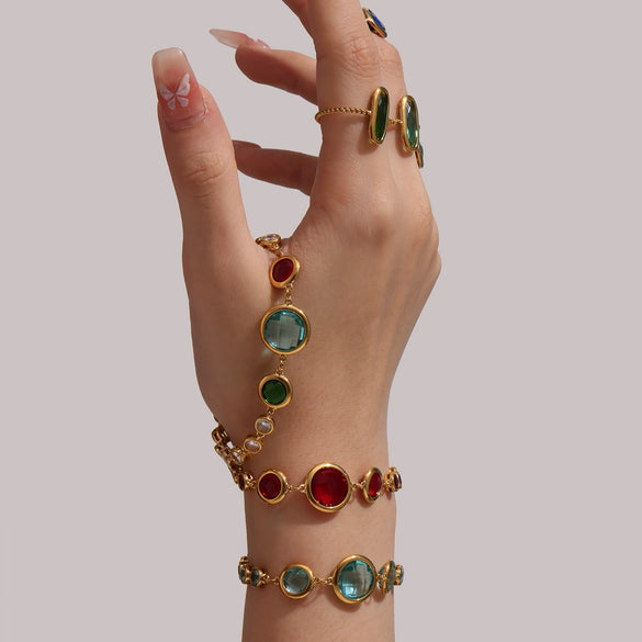 Wholesale Women's Geometric Stainless Steel Electroplated Ferris Wheel Round Faceted Czech Glass Stone 5A Zircon Full Diamond Stitching Bracelet