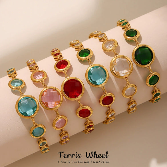 Wholesale Women's Geometric Stainless Steel Electroplated Ferris Wheel Round Faceted Czech Glass Stone 5A Zircon Full Diamond Stitching Bracelet
