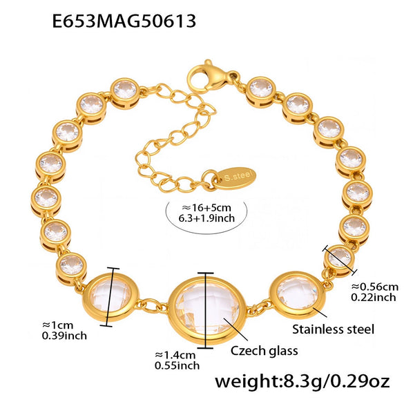 Wholesale Women's Geometric Stainless Steel Electroplated Ferris Wheel Round Faceted Czech Glass Stone 5A Zircon Full Diamond Stitching Bracelet