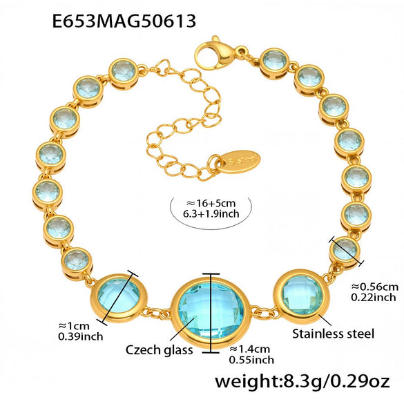 Wholesale Women's Geometric Stainless Steel Electroplated Ferris Wheel Round Faceted Czech Glass Stone 5A Zircon Full Diamond Stitching Bracelet