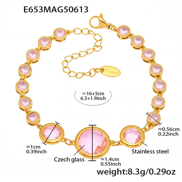 Wholesale Women's Geometric Stainless Steel Electroplated Ferris Wheel Round Faceted Czech Glass Stone 5A Zircon Full Diamond Stitching Bracelet