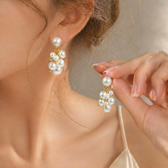 Wholesale Women's Geometric Stainless Steel Electroplated Grape Cluster Pearl Earrings