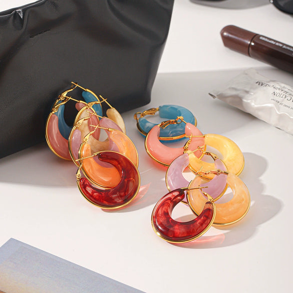 Wholesale Women's Geometric Stainless Steel Electroplated Hoop Earrings French Retro Maillard Style