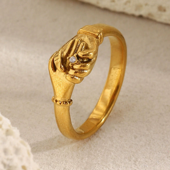 Wholesale Women's Geometric Stainless Steel Electroplated 18K Dot Diamond Handshake Ring Light Luxury Style