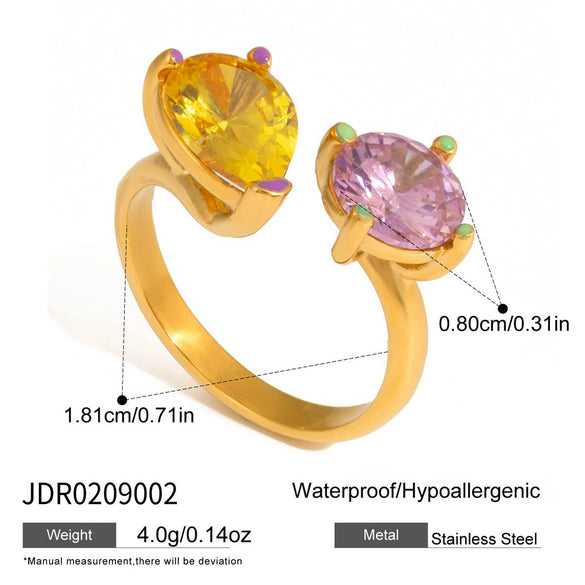 Wholesale Women's Geometric Stainless Steel Electroplated 18K Gold Yellow And Pink Dropshaped Zircon Ring Accessories