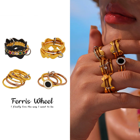 Wholesale Women's Geometric Stainless Steel Electroplated Multilayer Overlapping Ferris Wheel Finger Ring