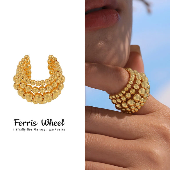 Wholesale Women's Geometric Stainless Steel Electroplated Multilayered Beads Wide Version Open Ring