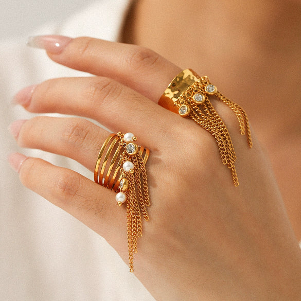 Wholesale Women's Geometric Stainless Steel Electroplated Open Ring Tassel Jewelry