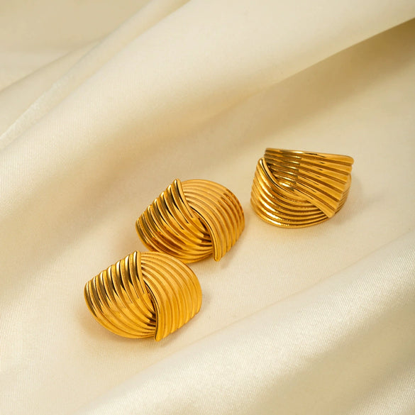 Wholesale Women's Geometric Stainless Steel Electroplated Open Ring With Stripe Texture And Simple Design