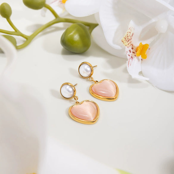 Wholesale Women's Geometric Stainless Steel Electroplated Pearl Pink Cat's Eye Earrings