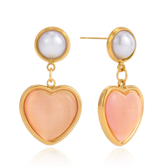 Wholesale Women's Geometric Stainless Steel Electroplated Pearl Pink Cat's Eye Earrings