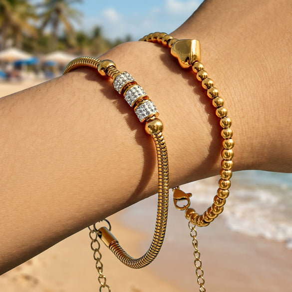 Wholesale Women's Geometric Stainless Steel Electroplated Snake Bone Heart Beaded Bracelet With Microinlaid Zircon