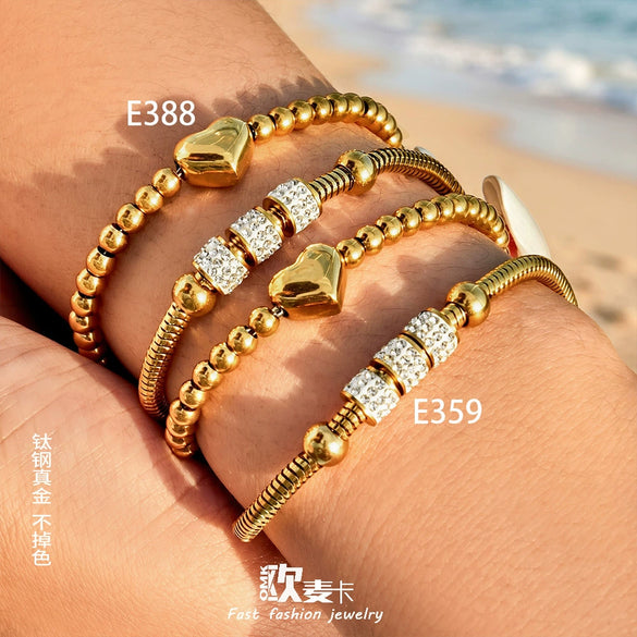 Wholesale Women's Geometric Stainless Steel Electroplated Snake Bone Heart Beaded Bracelet With Microinlaid Zircon