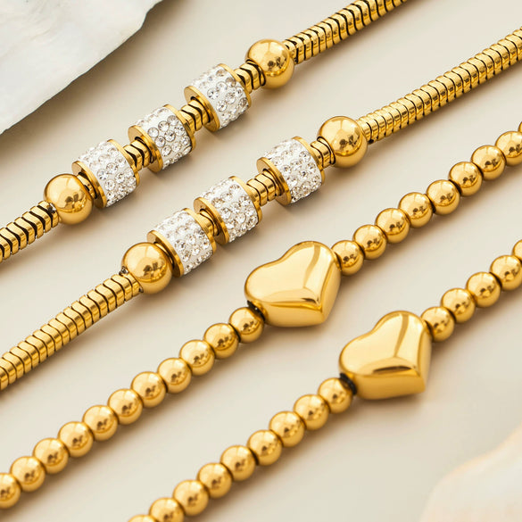 Wholesale Women's Geometric Stainless Steel Electroplated Snake Bone Heart Beaded Bracelet With Microinlaid Zircon