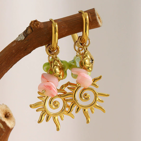 Wholesale Women's Geometric Stainless Steel Electroplated Sun Tassel Flower Pendant Earrings