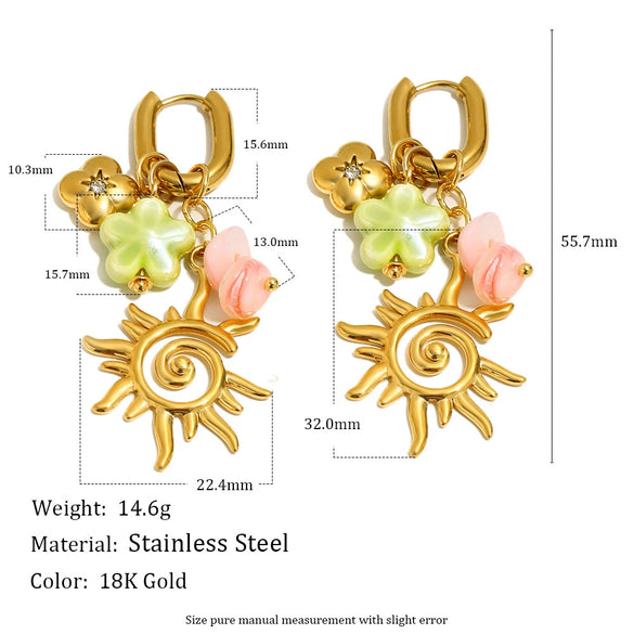 Wholesale Women's Geometric Stainless Steel Electroplated Sun Tassel Flower Pendant Earrings