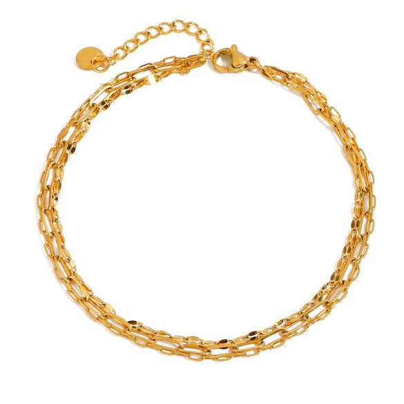 Wholesale Women's Geometric Stainless Steel Electroplated Three Layer Anklet Jewelry With Paper Clip Chain Style