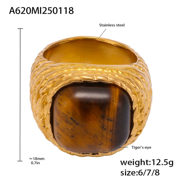 Wholesale Women's Geometric Stainless Steel Ferris Wheel Maillard Tiger Eye Stone Ring With 18K Real Gold Electroplating Medieval Precision Jewelry