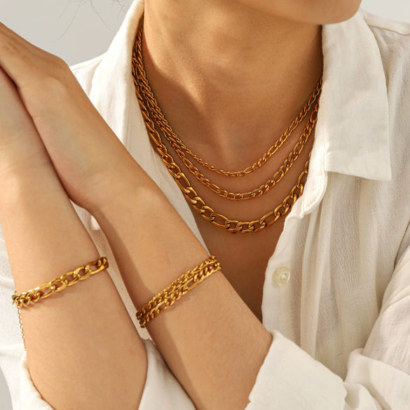 Wholesale Women's Geometric Stainless Steel Figaro Chain Necklace And Bracelet With Electroplating Light Luxury Style