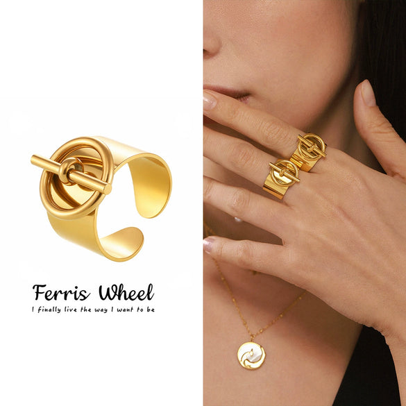 Wholesale Women's Geometric Stainless Steel Gold Plated Ferris Wheel Buckle Finger Ring Light Luxury Style