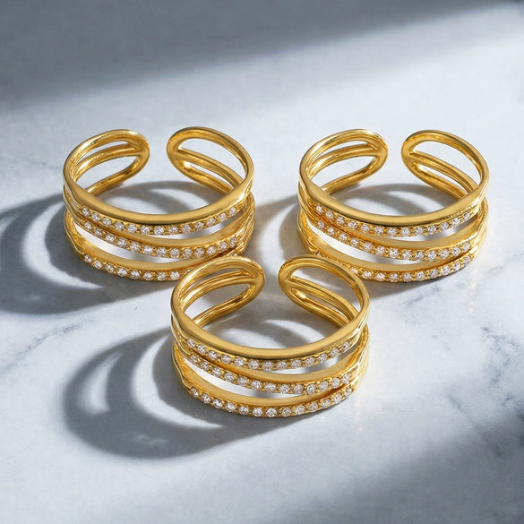 Wholesale Women's Geometric Stainless Steel Goldplated Microinlaid Zircon Threelayer Open Ring Light Luxury Style Fashionable Versatile Accessories