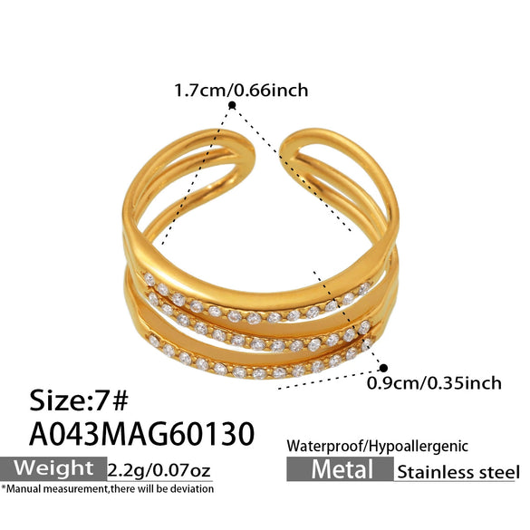 Wholesale Women's Geometric Stainless Steel Goldplated Microinlaid Zircon Threelayer Open Ring Light Luxury Style Fashionable Versatile Accessories