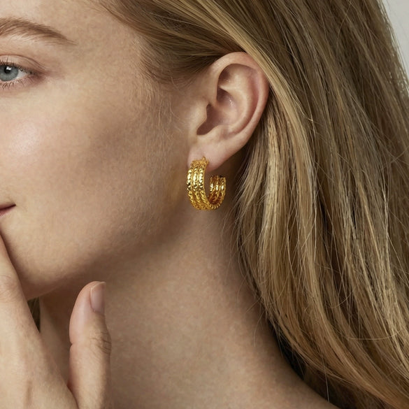 Wholesale Women's Geometric Stainless Steel Goldplated Threelayer Cshaped Earrings With Niche Design