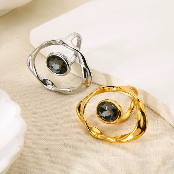 Wholesale Women's Geometric Stainless Steel Hammered Hollow Open Ring 18K Gold Plated Trendy Jewelry Accessories