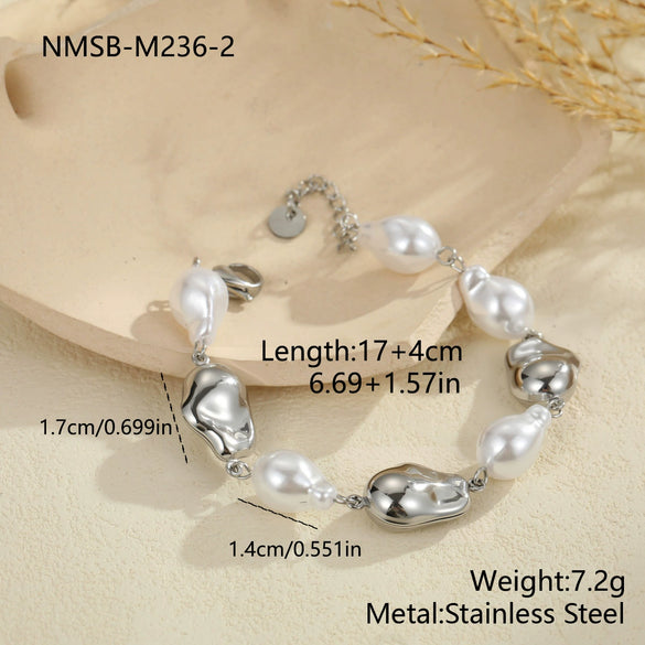 Wholesale Women's Geometric Stainless Steel 18K Electroplated Baroque Pearl Metal Beaded Bracelet