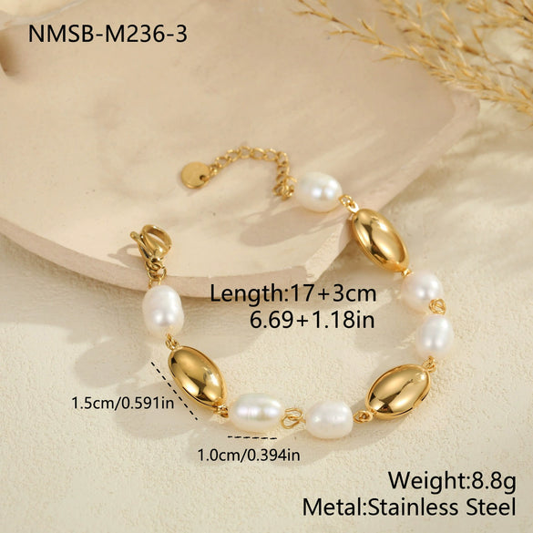 Wholesale Women's Geometric Stainless Steel 18K Electroplated Baroque Pearl Metal Beaded Bracelet