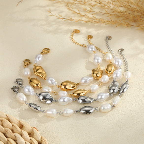 Wholesale Women's Geometric Stainless Steel 18K Electroplated Baroque Pearl Metal Beaded Bracelet