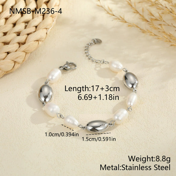 Wholesale Women's Geometric Stainless Steel 18K Electroplated Baroque Pearl Metal Beaded Bracelet
