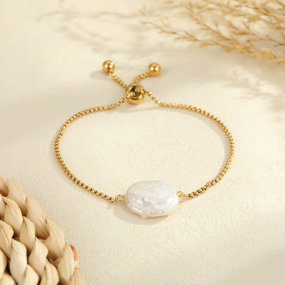 Wholesale Women's Geometric Stainless Steel 18K Electroplated Bracelet With Natural Freshwater Baroque Pearls