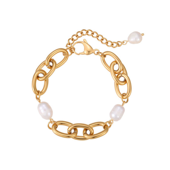 Wholesale Women's Geometric Stainless Steel 18K Electroplated Bracelet With Natural Freshwater Baroque Pearls