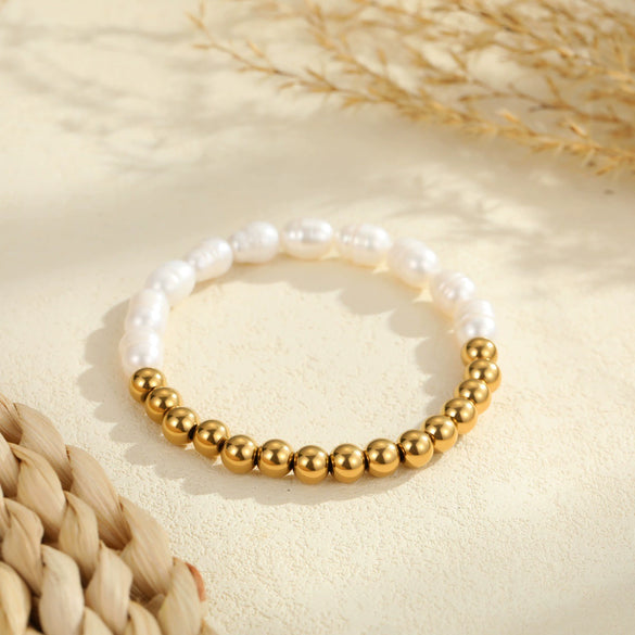 Wholesale Women's Geometric Stainless Steel 18K Electroplated Bracelet With Natural Freshwater Baroque Pearls