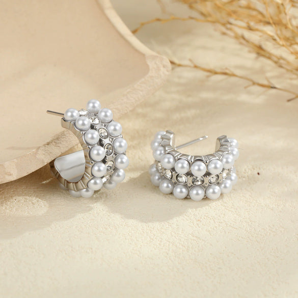 Wholesale Women's Geometric Stainless Steel 18K Electroplated Cshaped Pearlencrusted Earrings Retro Jewelry