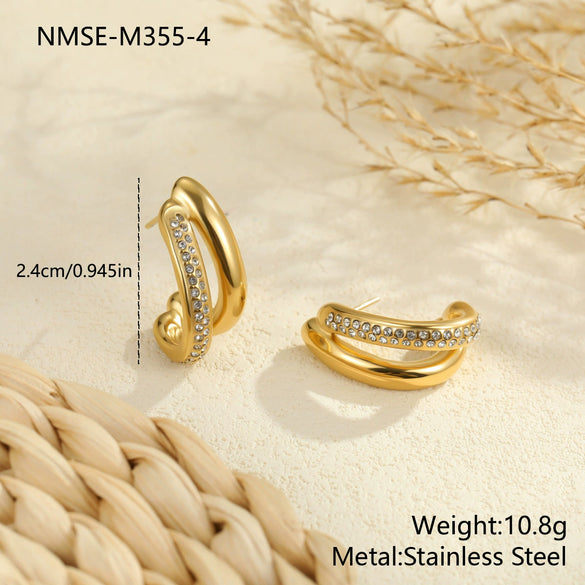 Wholesale Women's Geometric Stainless Steel 18K Electroplated Double Ring Diamond Earrings