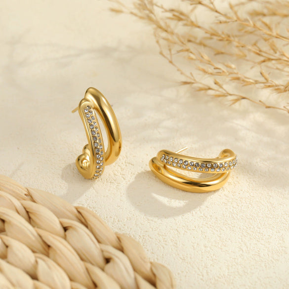 Wholesale Women's Geometric Stainless Steel 18K Electroplated Double Ring Diamond Earrings