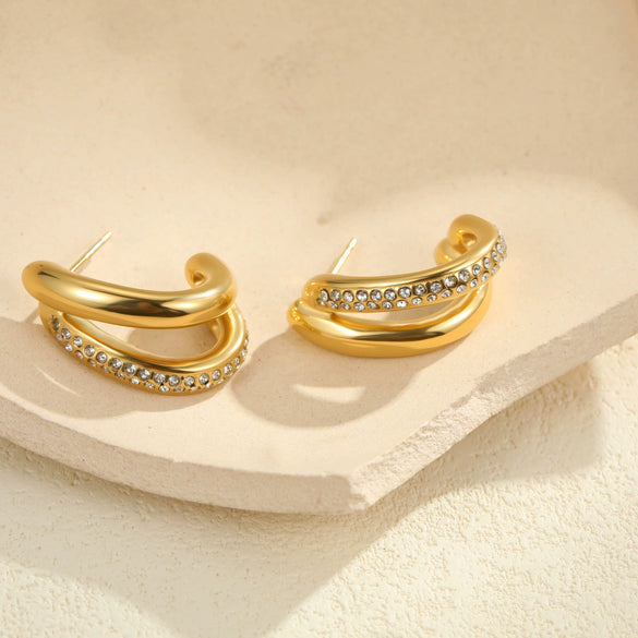 Wholesale Women's Geometric Stainless Steel 18K Electroplated Double Ring Diamond Earrings