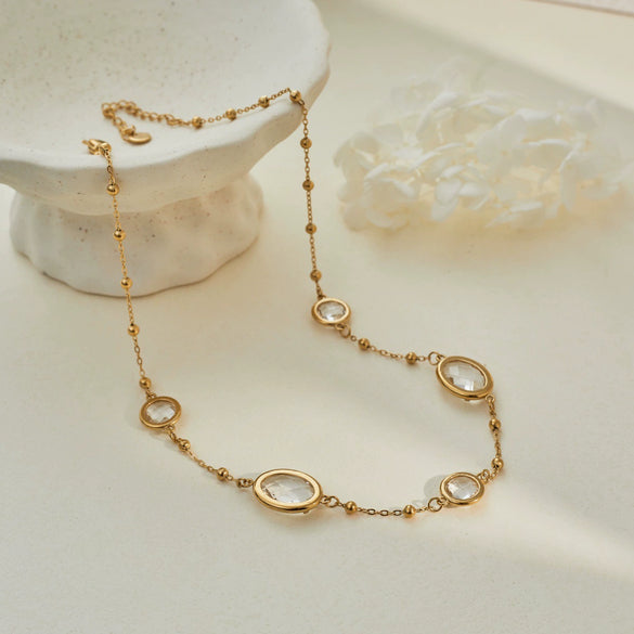 Wholesale Women's Geometric Stainless Steel 18K Electroplated Gemstoneedged Bead Chain Clavicle Chain Jewelry