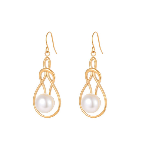 Wholesale Women's Geometric Stainless Steel 18K Electroplated Hollow Gourd Pearl Earrings Retro Fashion Jewelry