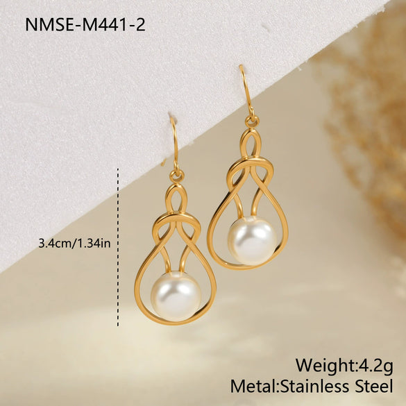 Wholesale Women's Geometric Stainless Steel 18K Electroplated Hollow Gourd Pearl Earrings Retro Fashion Jewelry