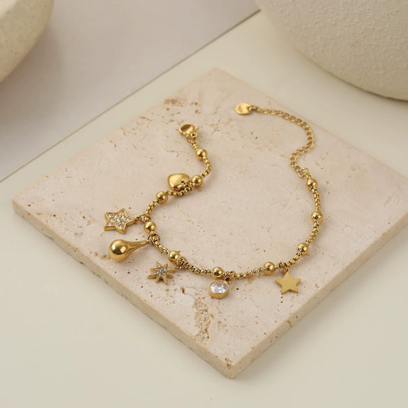 Wholesale Women's Geometric Stainless Steel 18K Electroplated Love Heart Star Beaded Bracelet Highend Jewelry